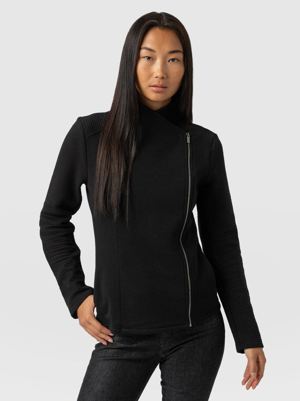 Women's Black Leather Bomber Jacket, Beige Crew-neck Sweater