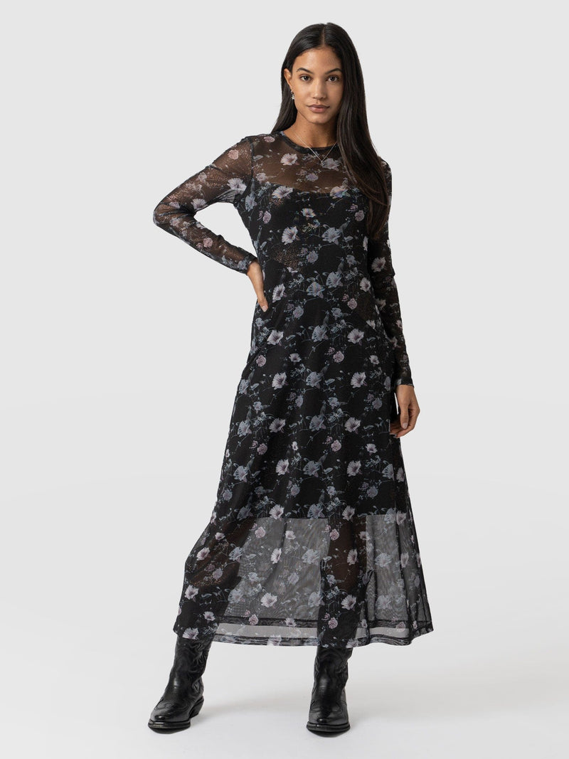 Wide Shoulder Knitted Midaxi Dress - Black