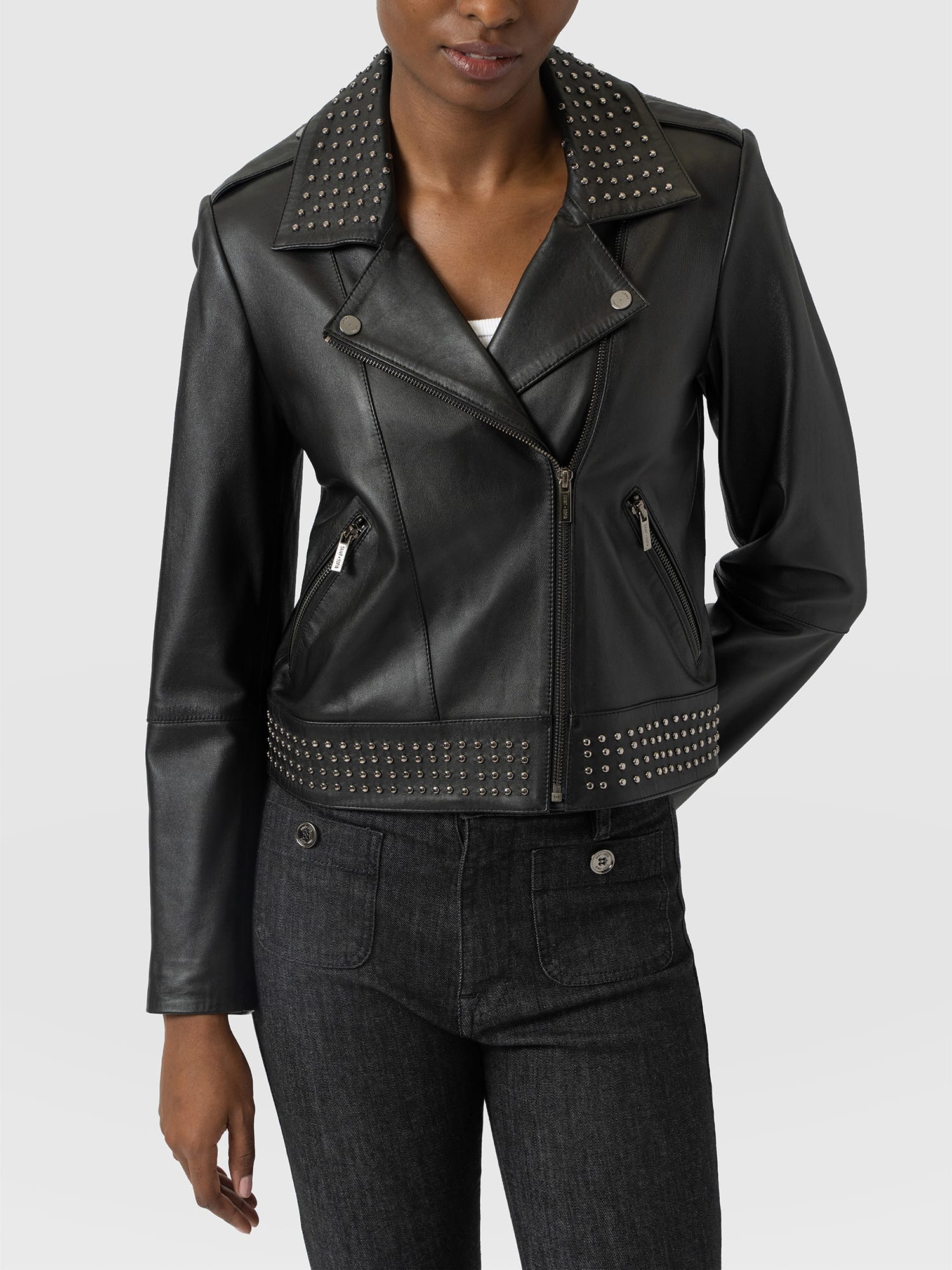 Bonham Studded Biker Jacket Black - Women's Leather Jacket | Saint and Sofia® USA