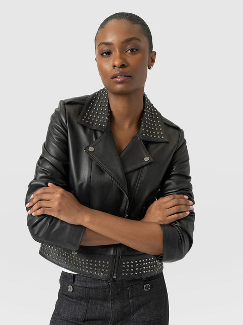 Bonham Studded Biker Jacket Black - Women's Leather Jacket | Saint and Sofia® USA