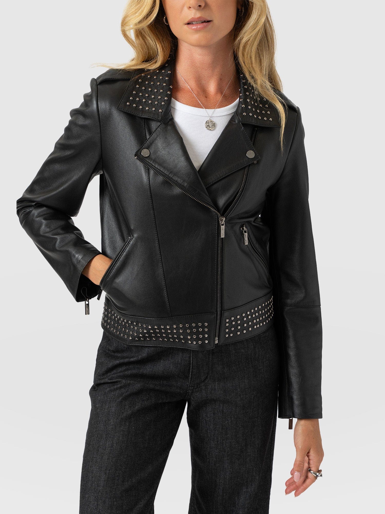 Bonham Studded Biker Jacket Black - Women's Leather Jacket | Saint + Sofia® USA