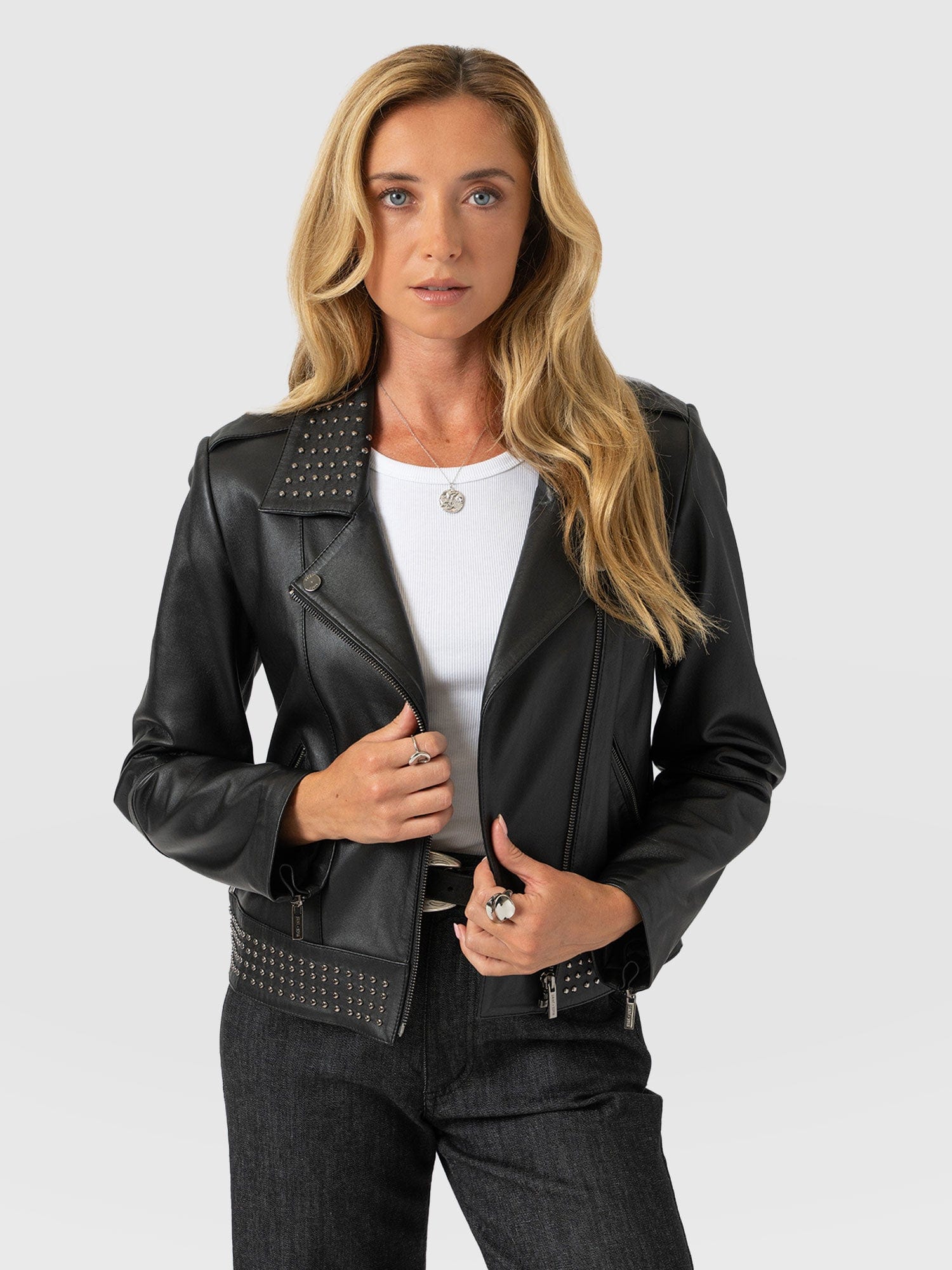 Bonham Studded Biker Jacket Black - Women's Leather Jacket | Saint + Sofia® USA