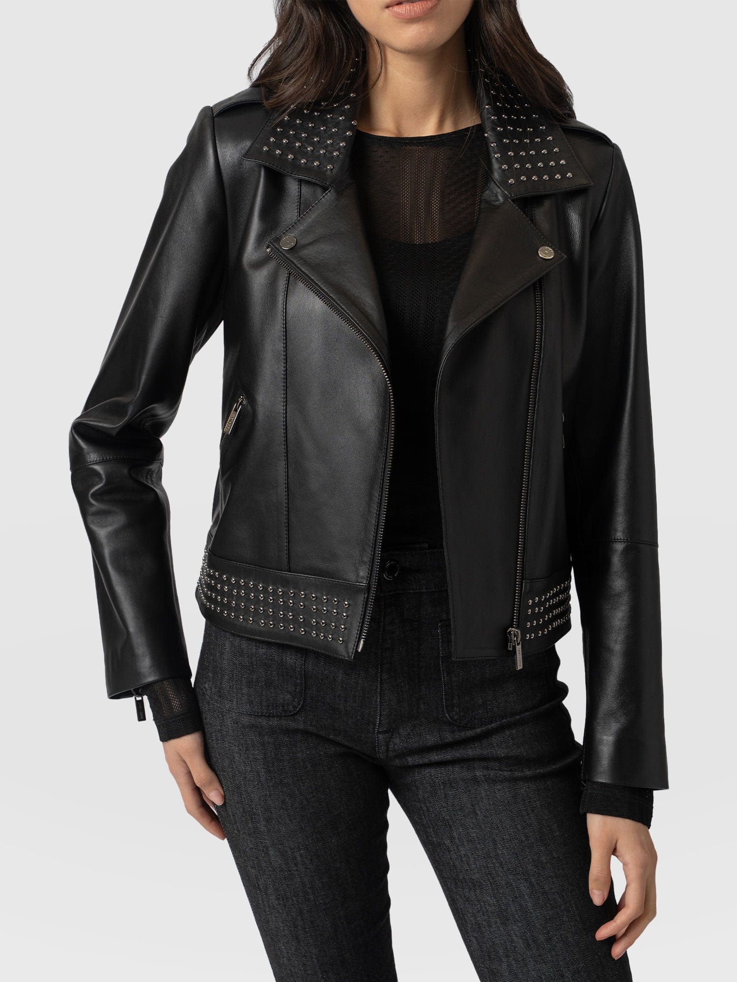 STUDDED BOWERY BLACK LEATHER BIKER JACKET (WOMENS)