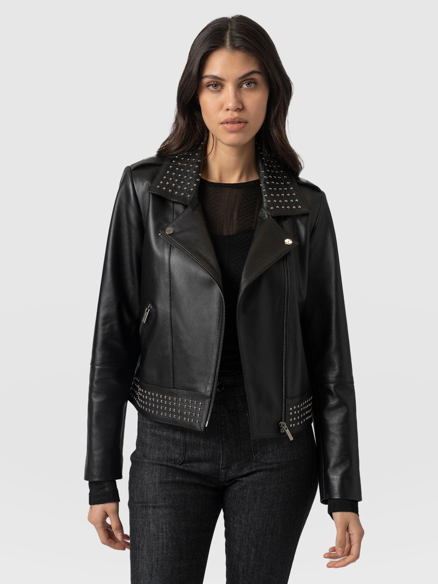 Bonham Studded Biker Jacket Black - Women's Leather Jacket | Saint + Sofia® USA