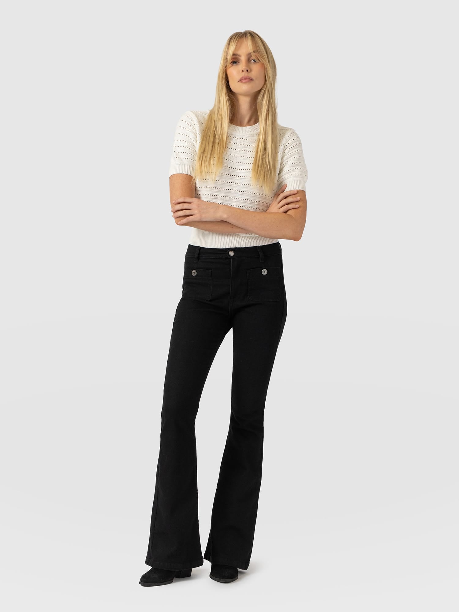 Bowie Stretch Flare Jeans Jet Black - Women's Jeans | Saint and Sofia® USA