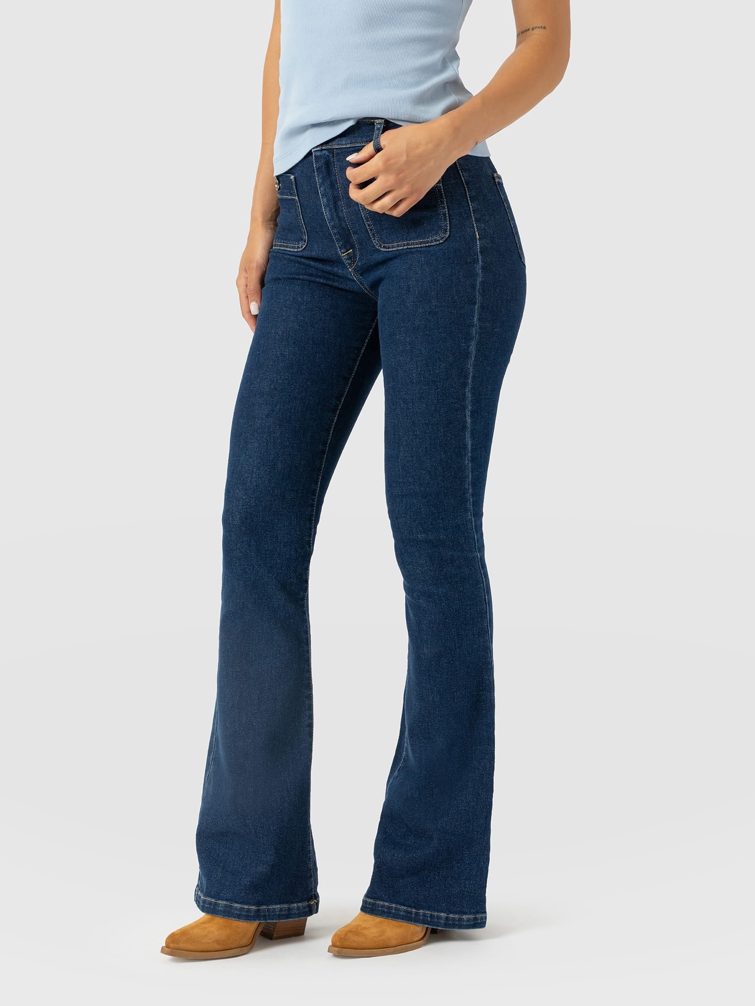 Bowie Stretch Flare Jeans Mid Blue - Women's Jeans | Saint and Sofia® USA