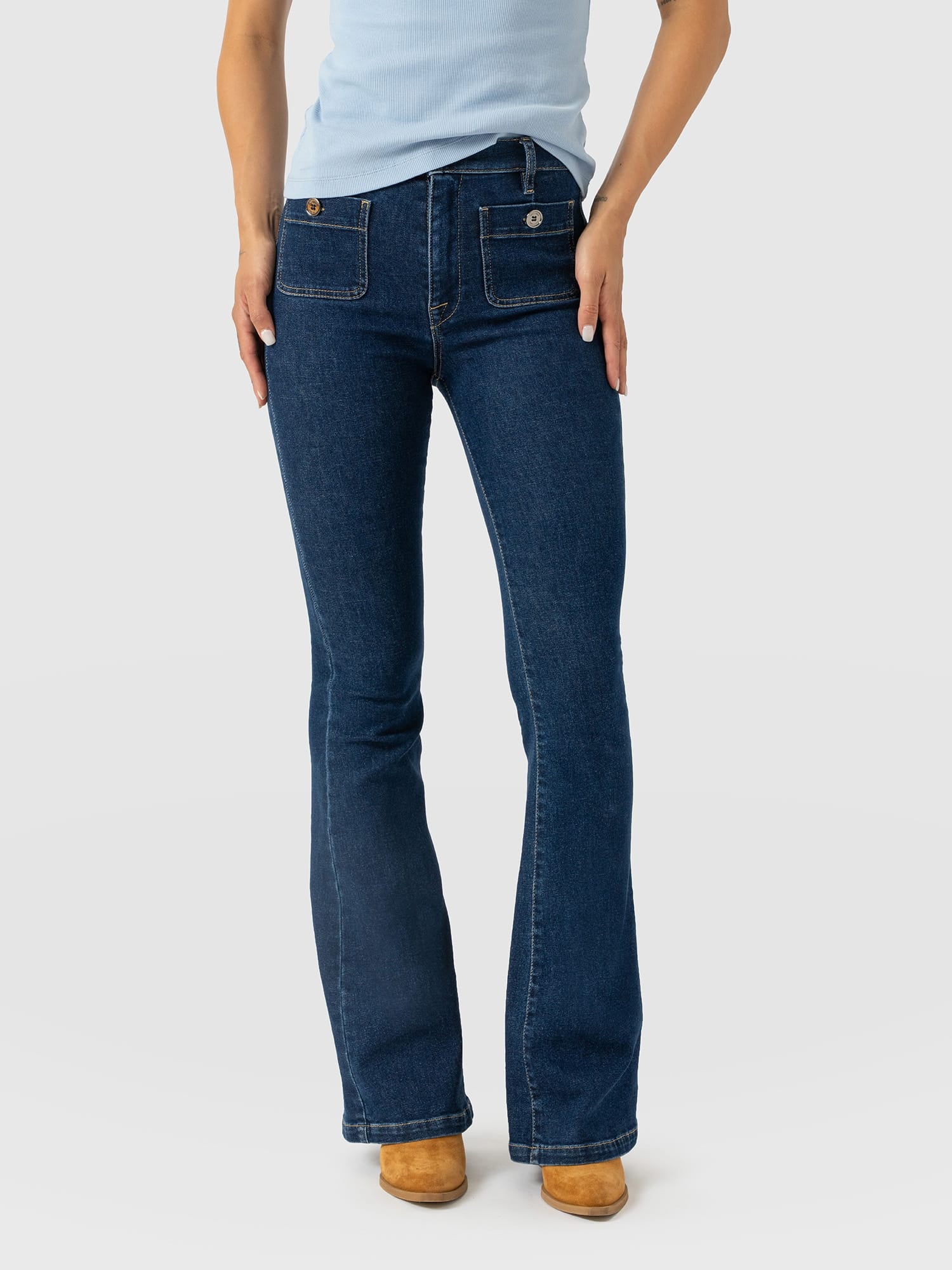 Bowie Stretch Flare Jeans Mid Blue - Women's Jeans | Saint and Sofia® USA