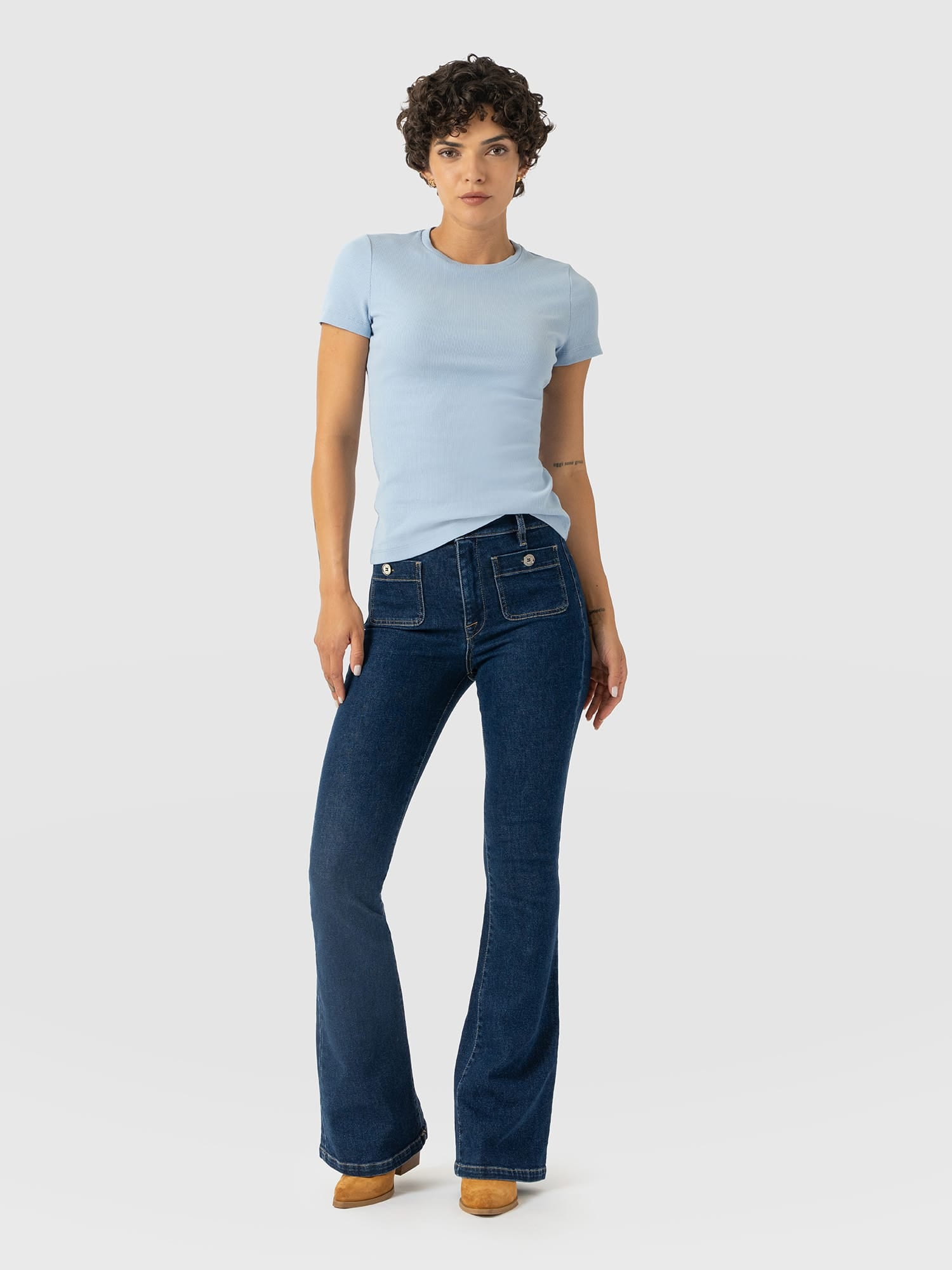 Bowie Stretch Flare Jeans Mid Blue - Women's Jeans | Saint and Sofia® USA