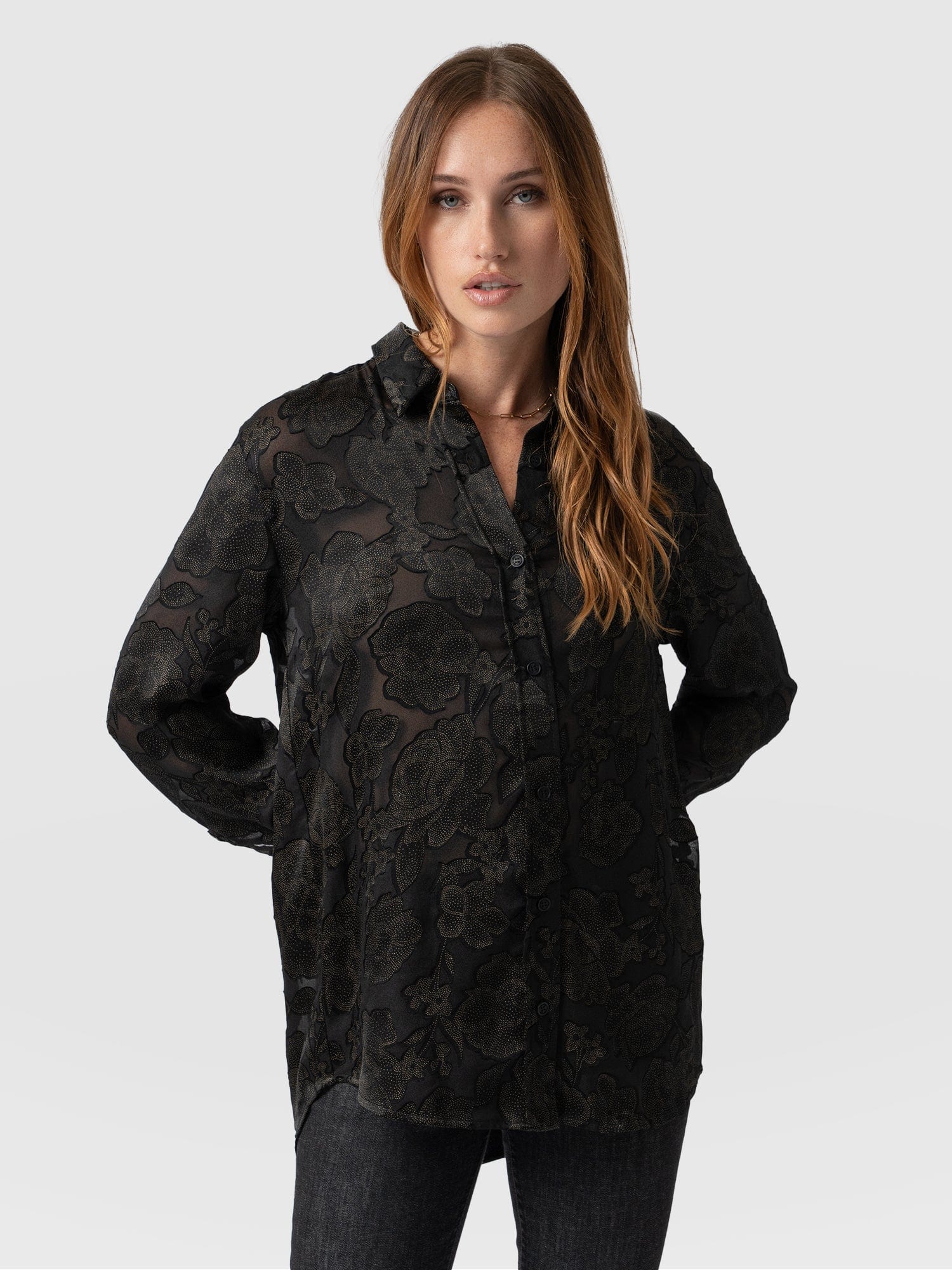 Boyfriend Shirt Black & Gold Floral Burnout - Women's Shirts | Saint + Sofia® USA