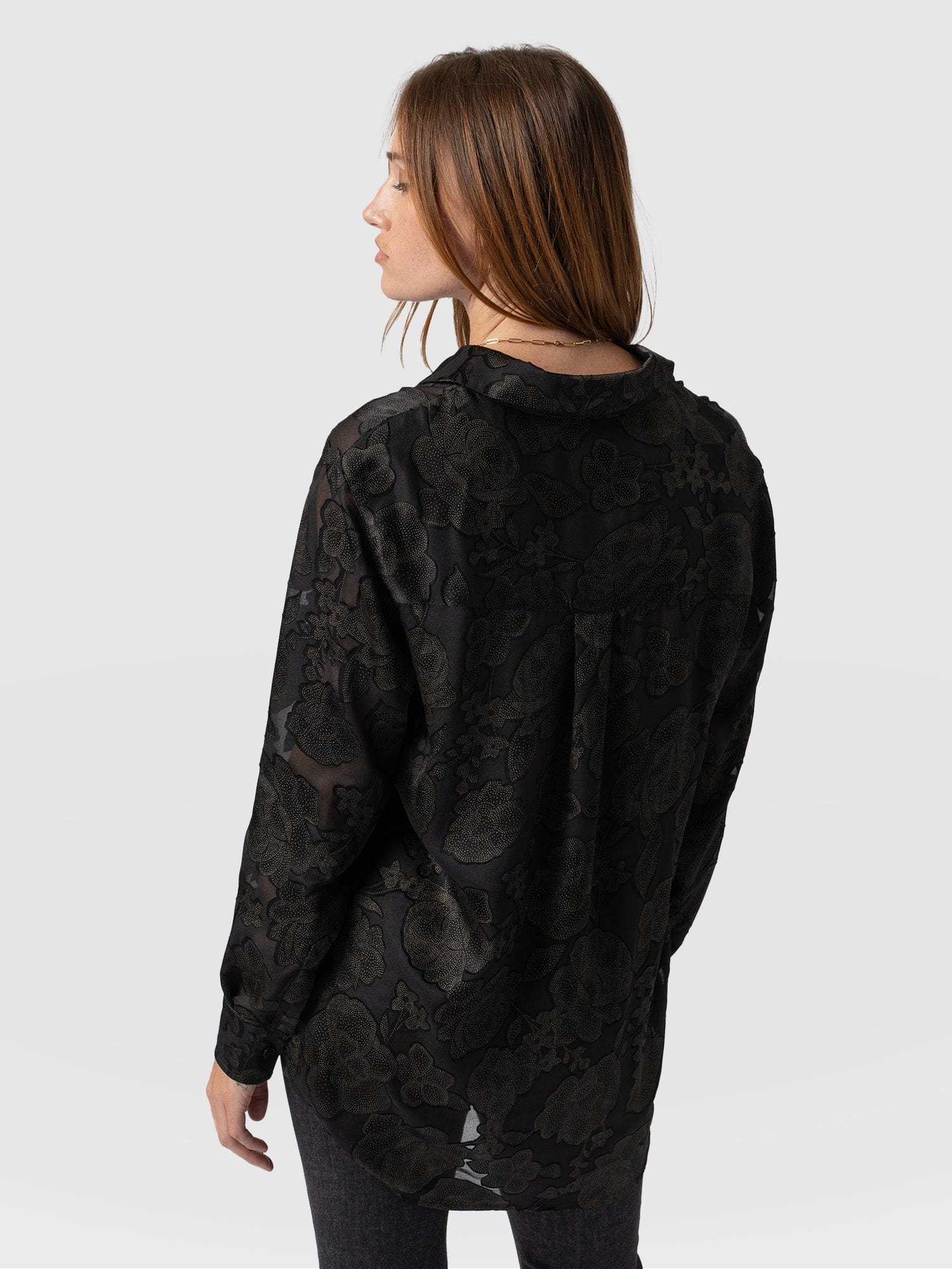 Boyfriend Shirt Black & Gold Floral Burnout - Women's Shirts | Saint + Sofia® USA