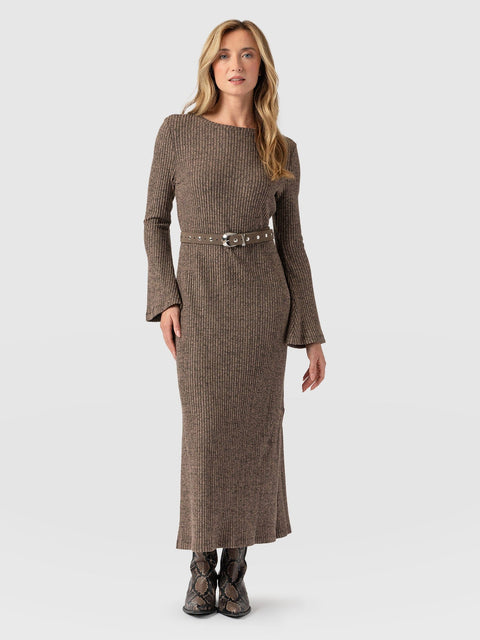 Callie Fluted Midi Dress Beige  - Women's Dresses | Saint + Sofia® US