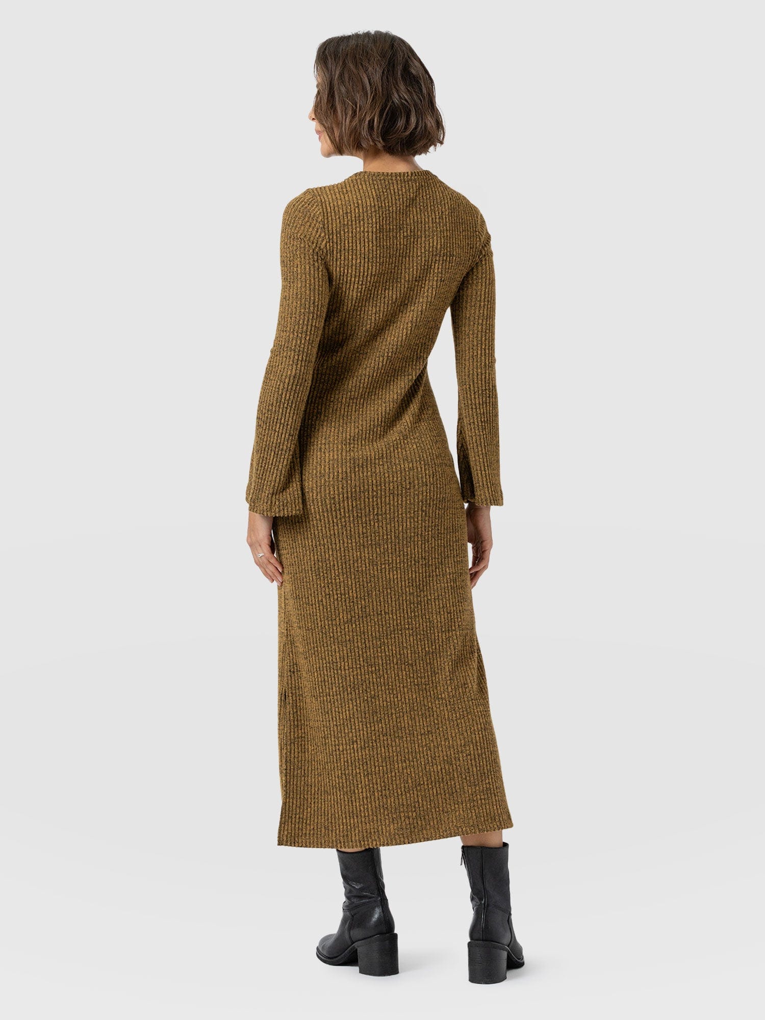 Callie Fluted Midi Dress - Mustard Melange - Women's Dresses | Saint + Sofia® USA