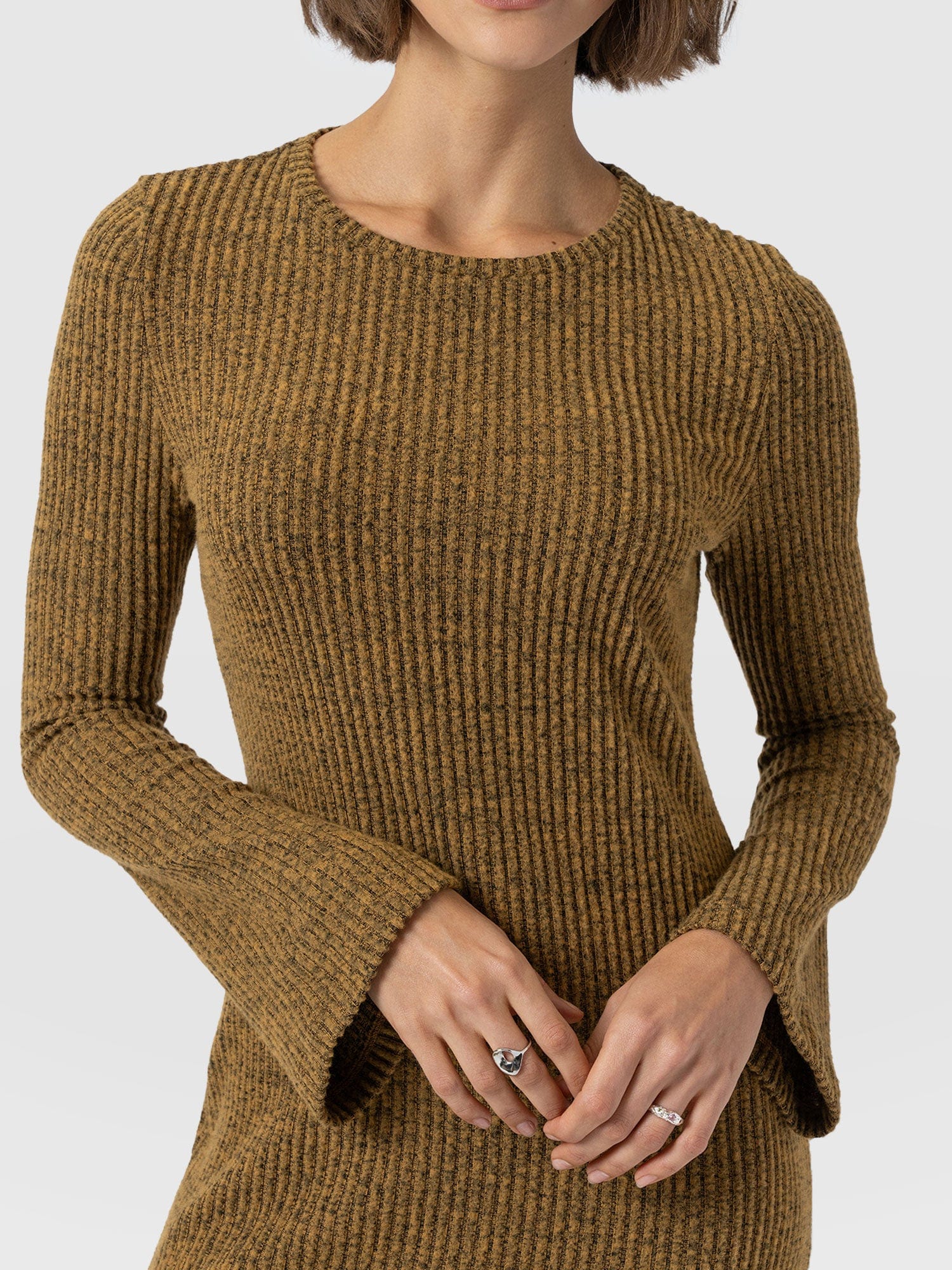 Callie Fluted Midi Dress - Mustard Melange - Women's Dresses | Saint + Sofia® USA