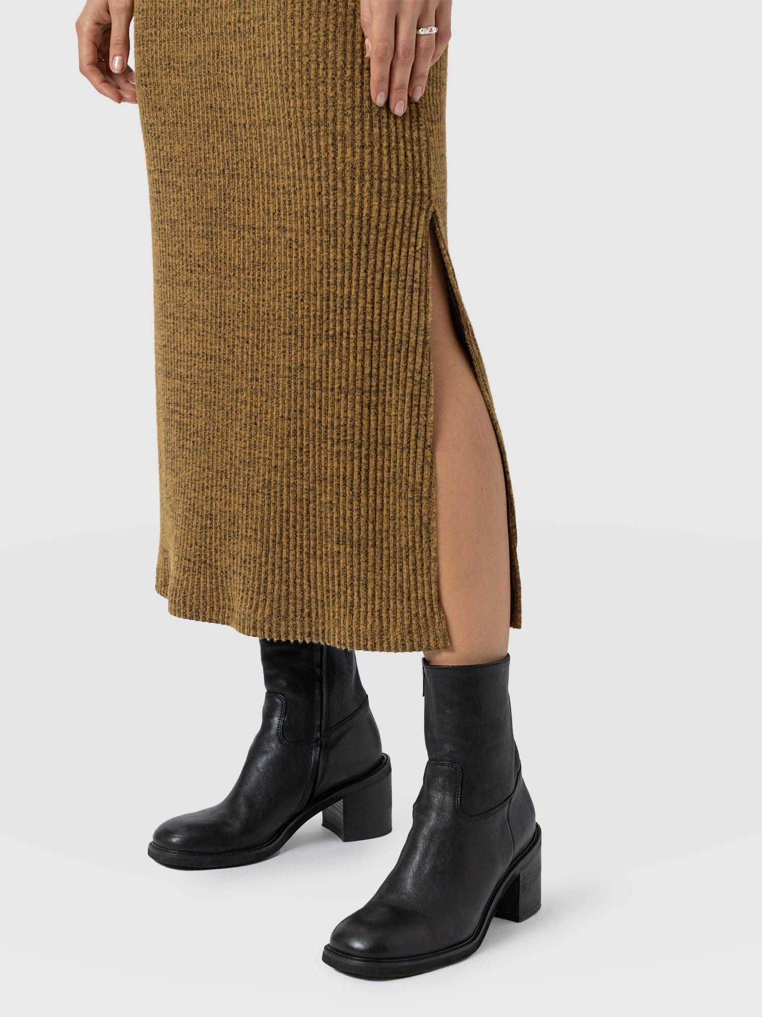 Callie Fluted Midi Dress - Mustard Melange - Women's Dresses | Saint + Sofia® USA