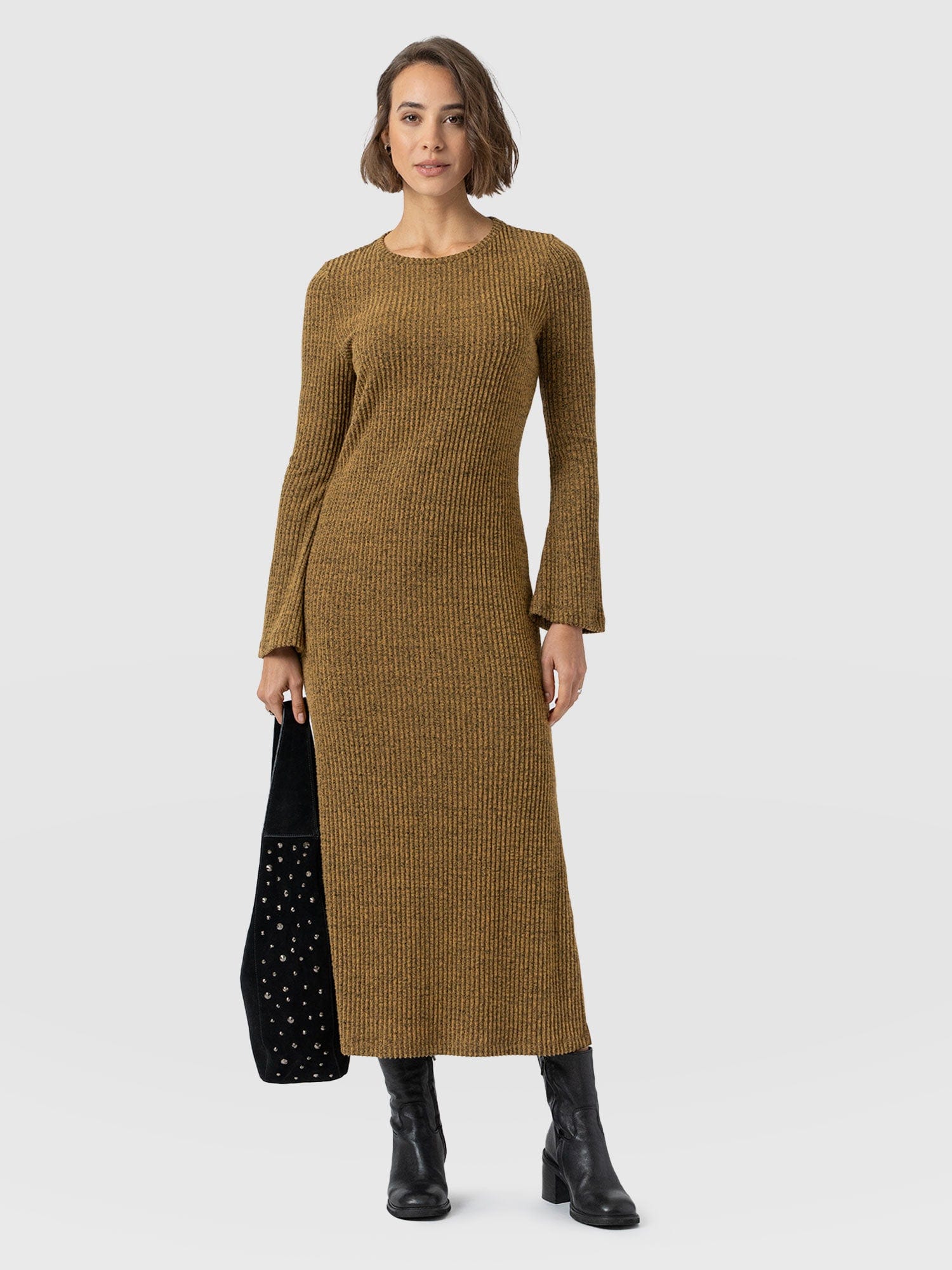 Callie Fluted Midi Dress - Mustard Melange - Women's Dresses | Saint + Sofia® USA