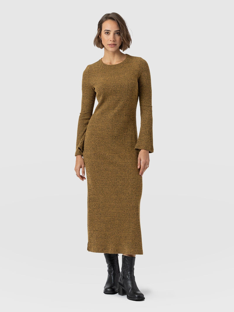 Callie Fluted Midi Dress - Mustard Melange - Women's Dresses | Saint + Sofia® USA