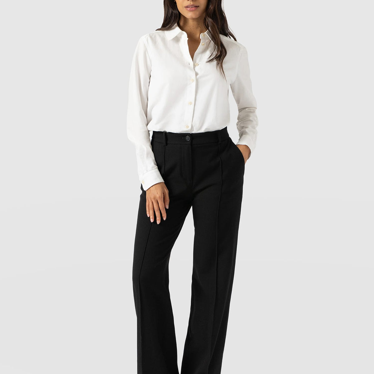black dress shirt and pants women Women's Black, Long-Sleeve Form-Fitted Dress Shirt