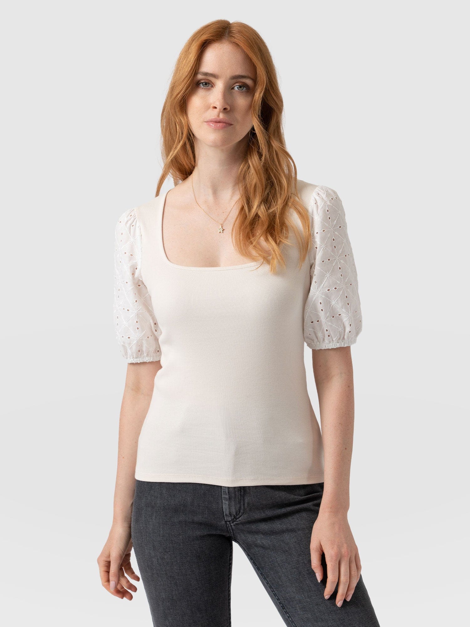 Cavendish Square Neck Tee Cream Broderie - Women's T-Shirts | Saint + Sofia® USA