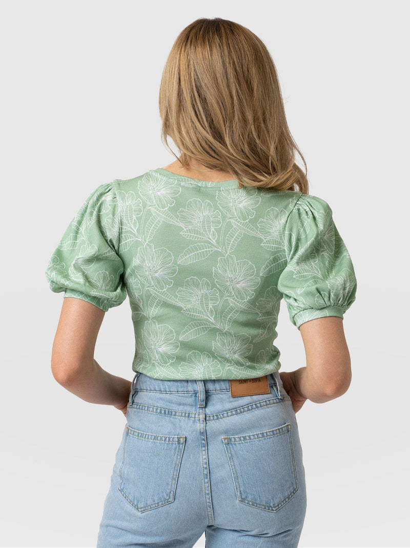 Cavendish V Neck Tee Green Stencil Floral - Women's T-Shirts | Saint + Sofia® UK