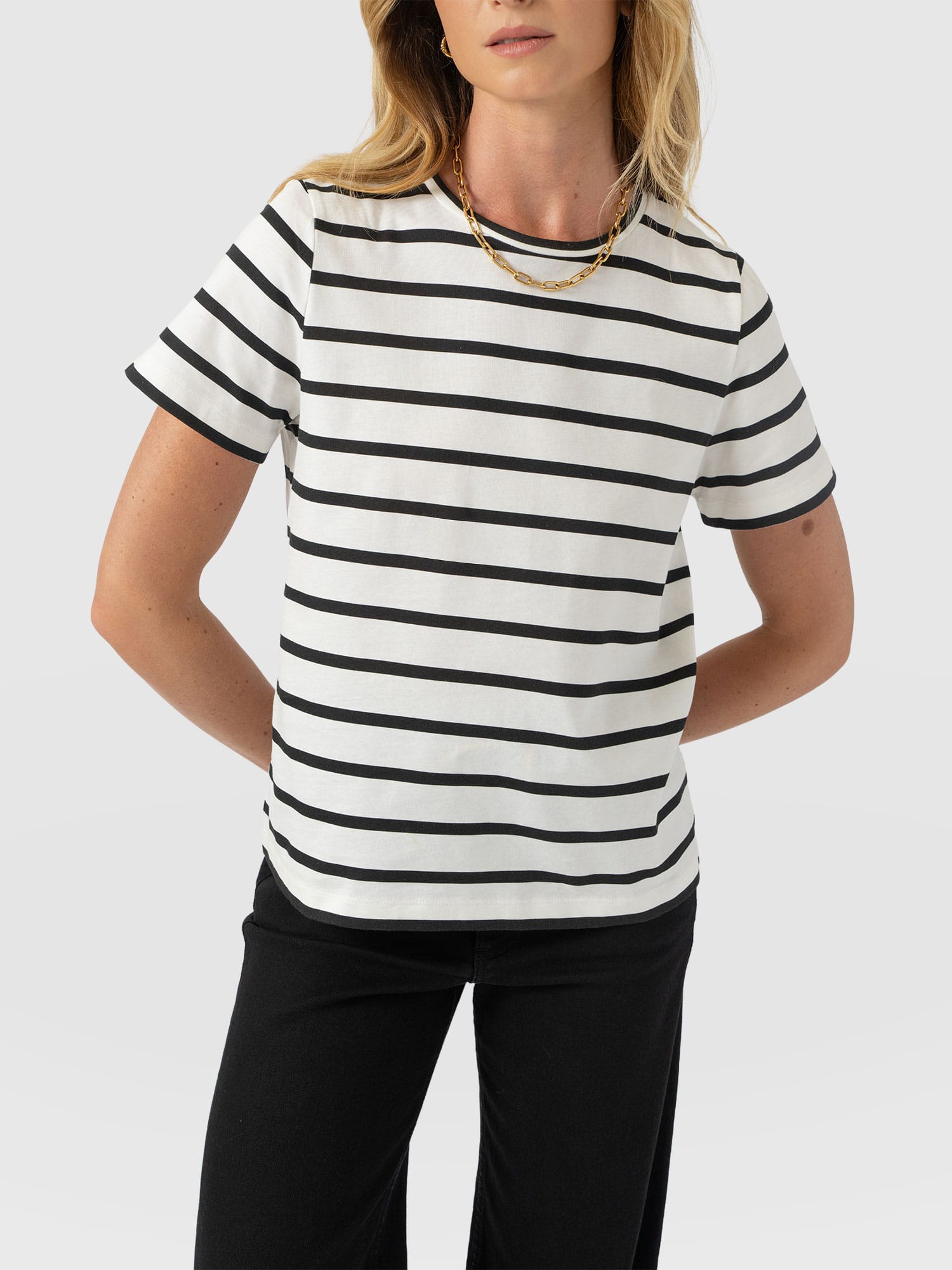 Chelsea Crew Neck Tee - Black Stripe - Women's T-shirts | Saint + Sofia® USA