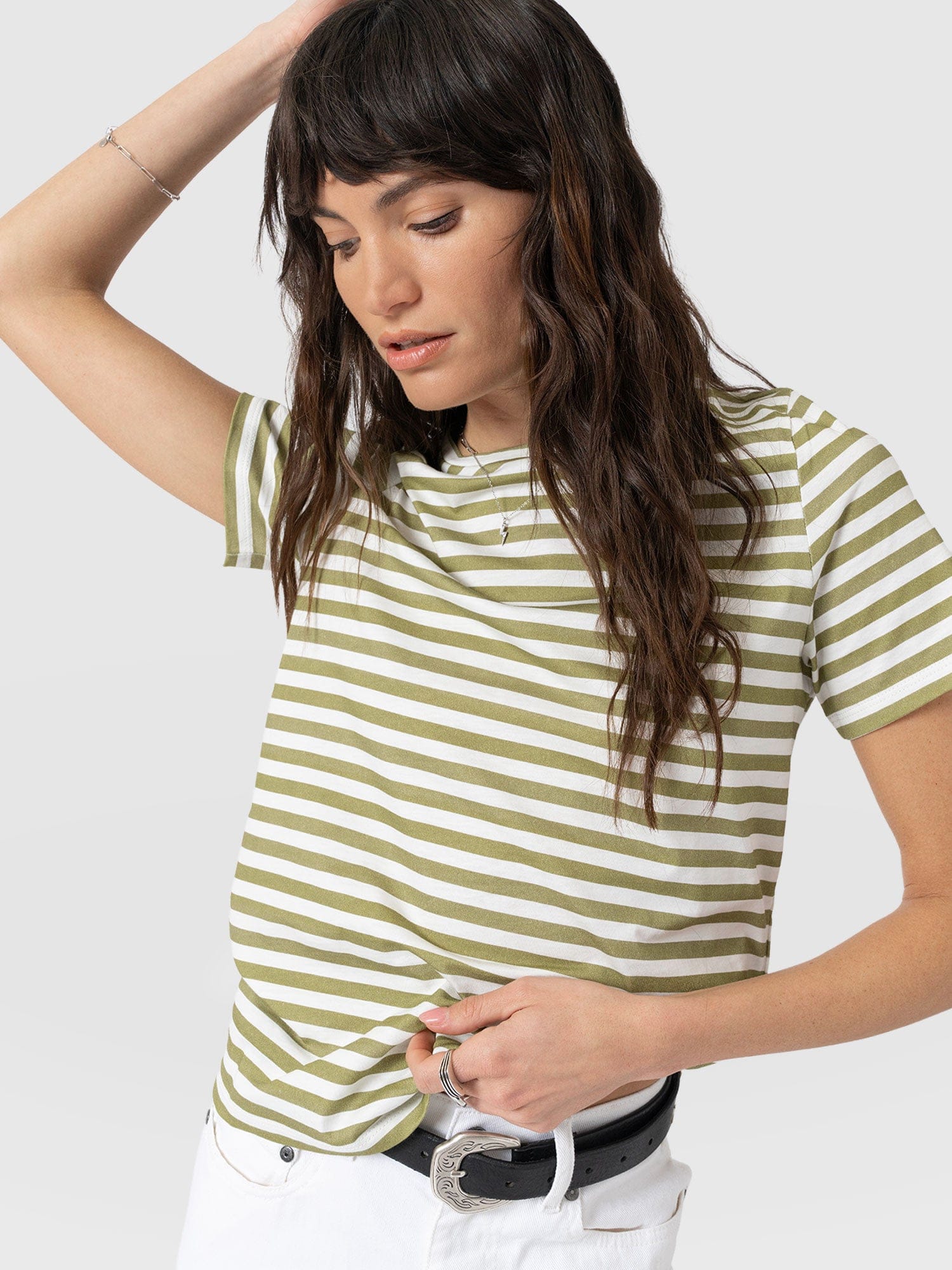 Chelsea Crew Neck Tee - Green Stripe - Women's T-shirts | Saint + Sofia® USA