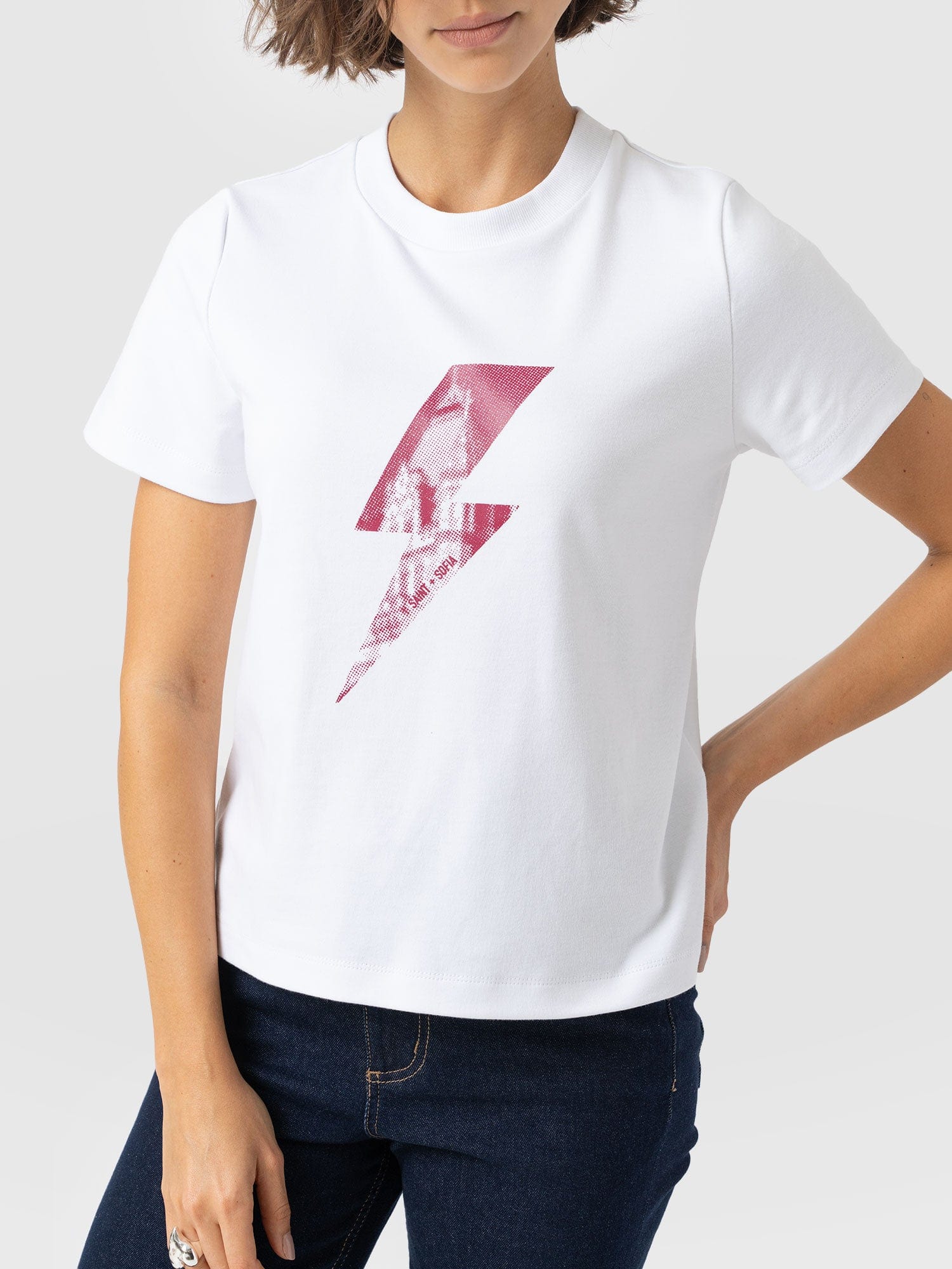 Chelsea Crew Neck Tee - White - Pink Lightning Bolt - Women's T-shirts | Saint + Sofia? USA