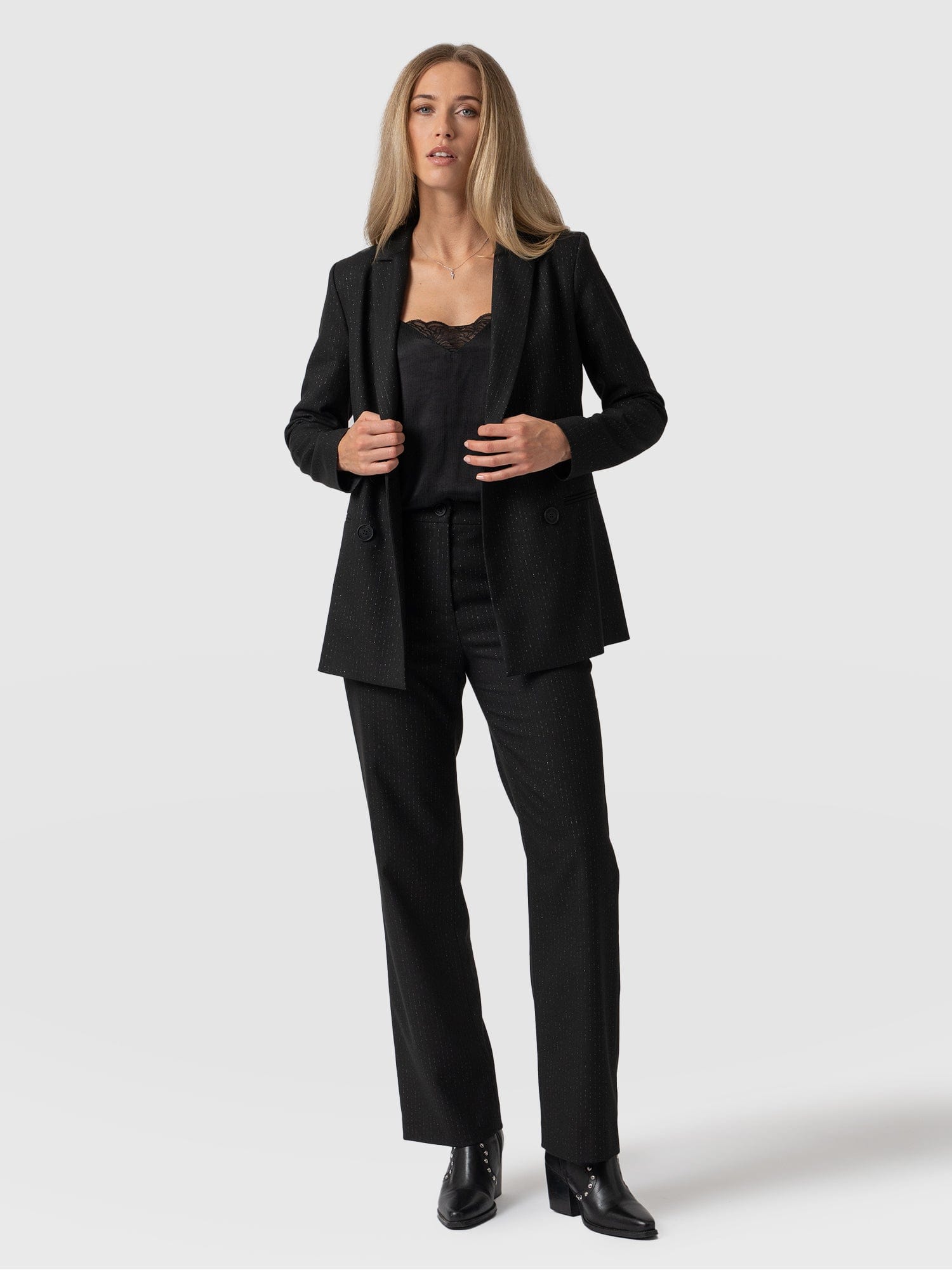 Chester Straight Leg Pant Black Pinstripe - Women's Trousers | Saint + Sofia® USA