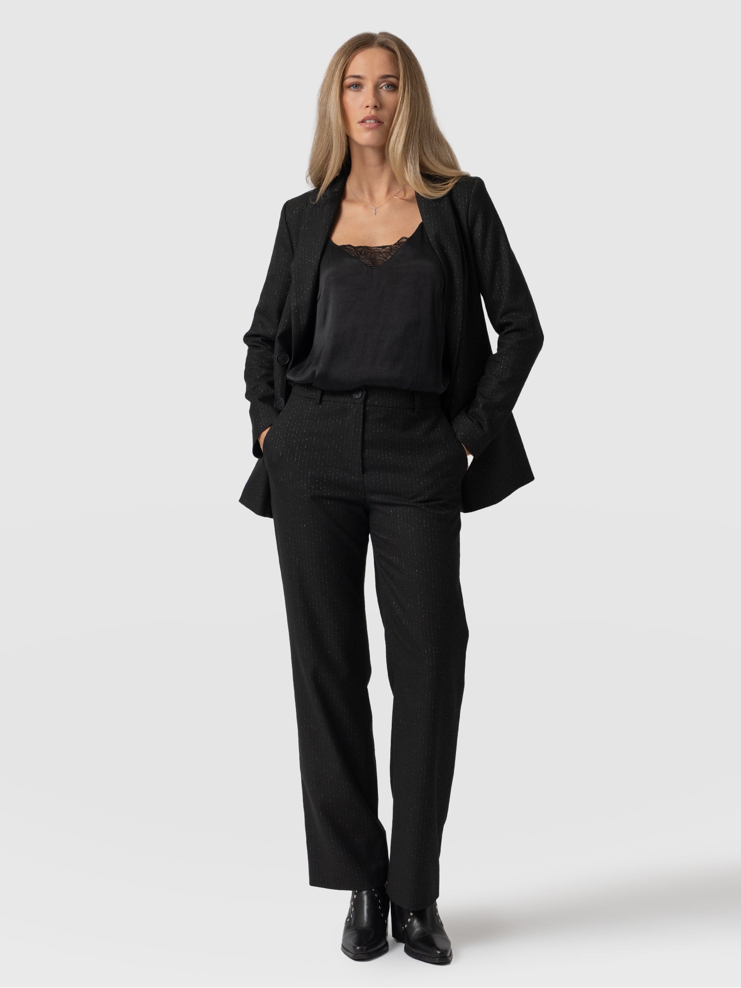 Chester Straight Leg Pant Black Pinstripe - Women's Trousers | Saint + Sofia® USA