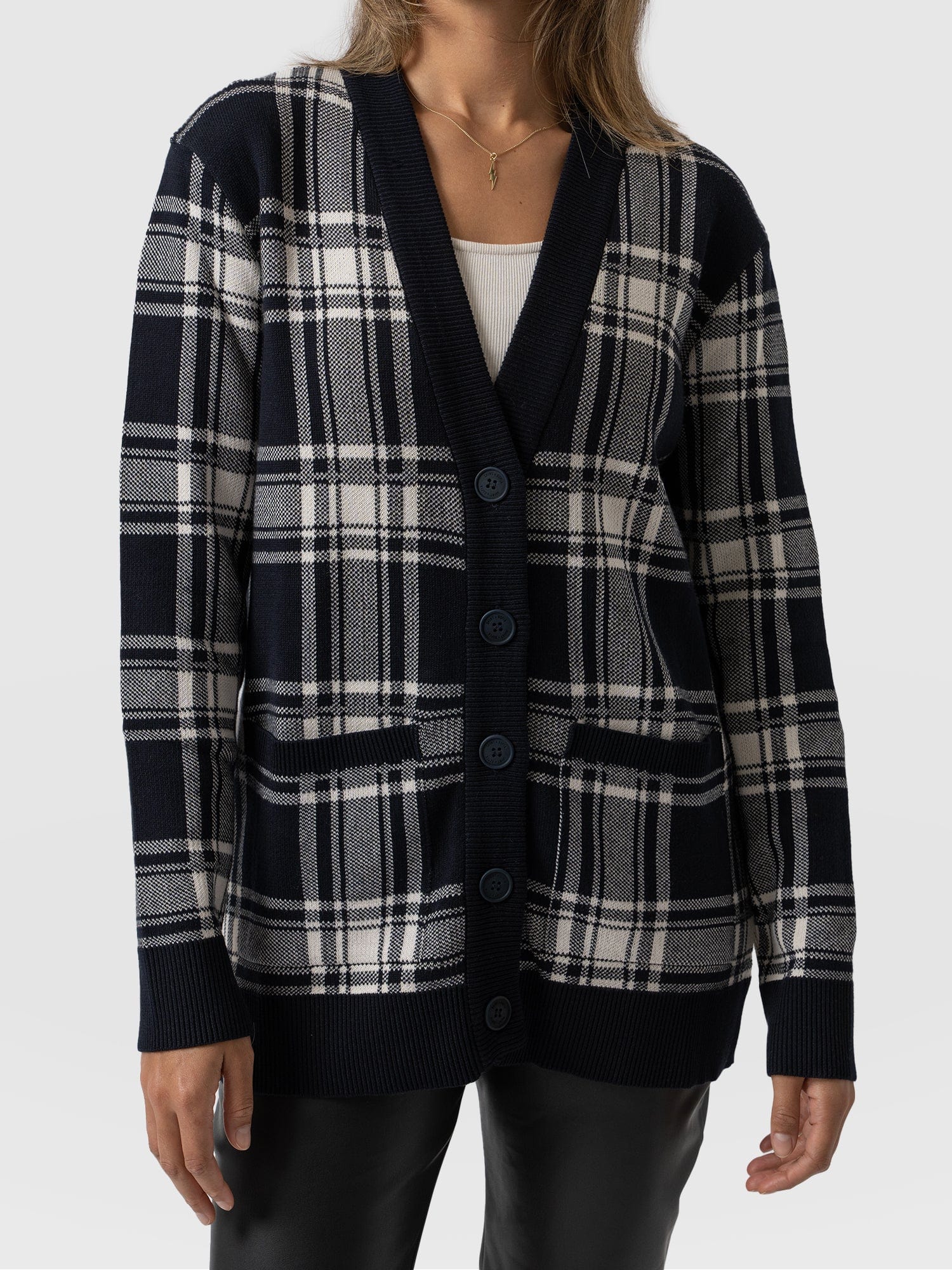 College Cardigan Navy Check - Women's Cardigans | Saint + Sofia® USA