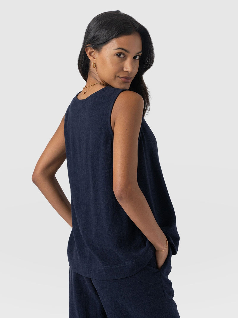 Corinne Linen V Neck Tunic - Navy - Women's T-shirts | Saint + Sofia® USA