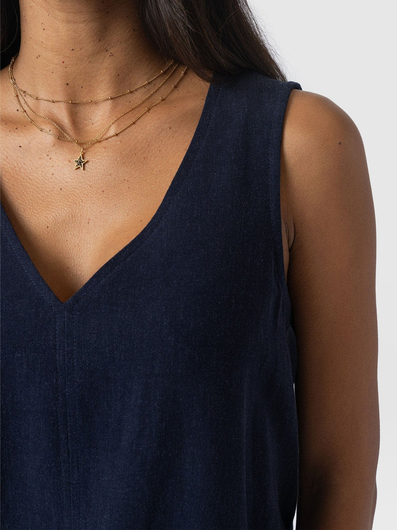 Corinne Linen V Neck Tunic - Navy - Women's T-shirts | Saint + Sofia® USA