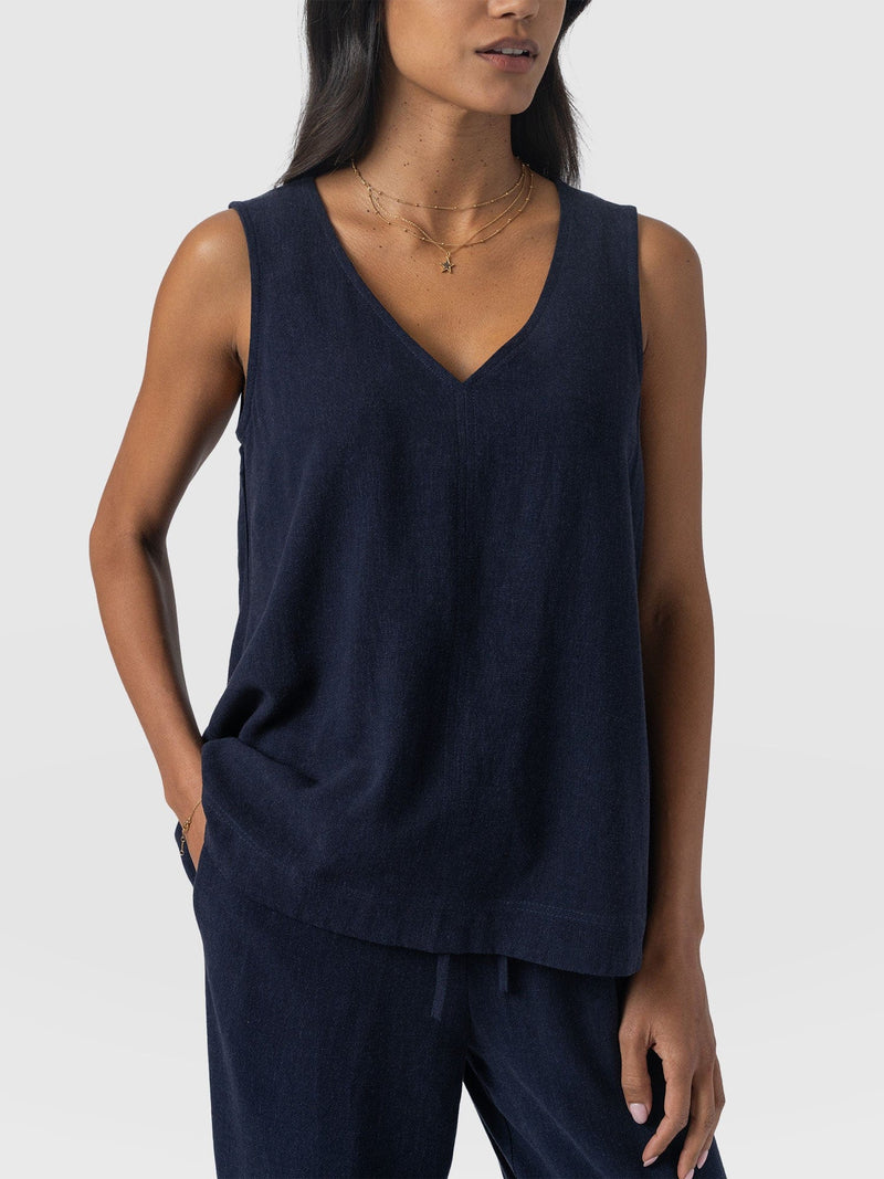 Corinne Linen V Neck Tunic - Navy - Women's T-shirts | Saint + Sofia® USA