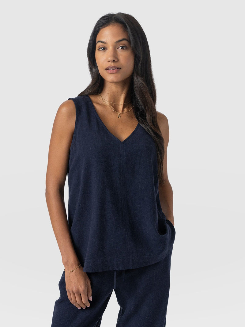 Corinne Linen V Neck Tunic - Navy - Women's T-shirts | Saint + Sofia® USA
