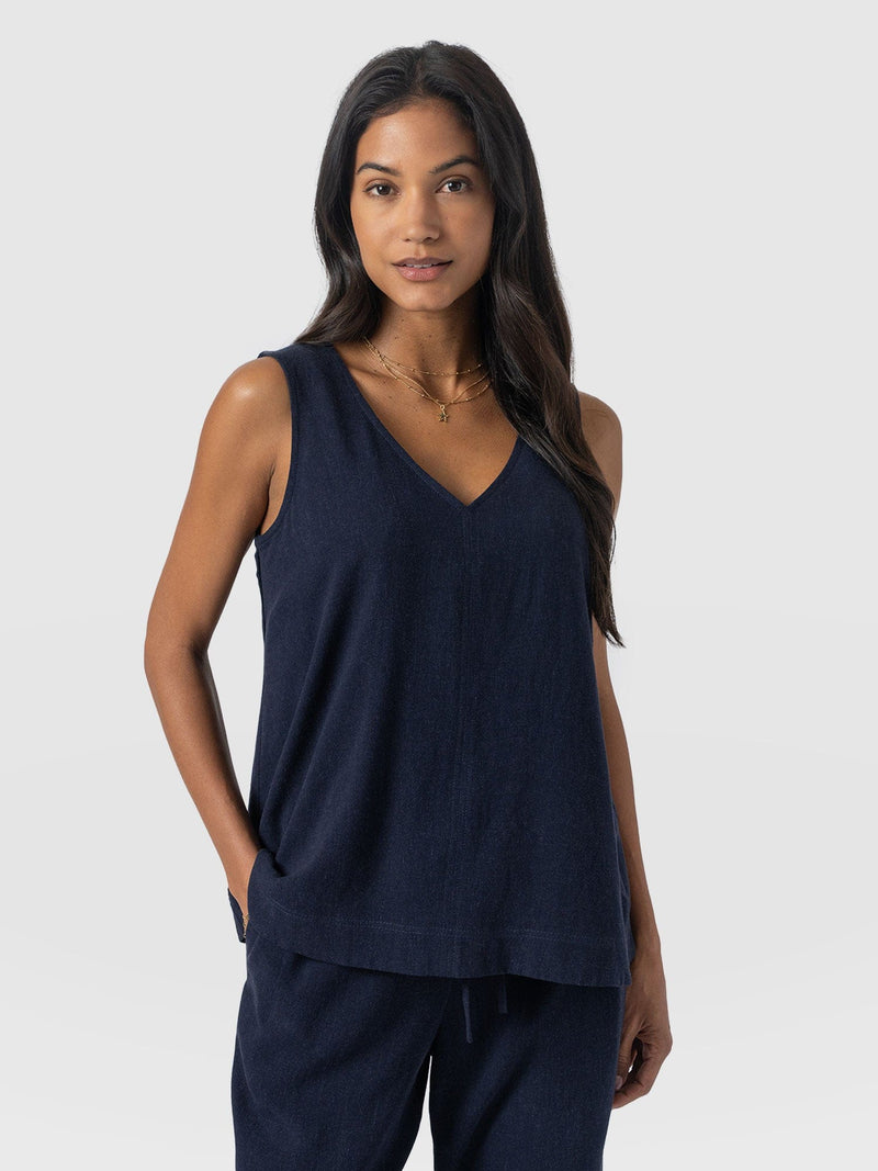 Corinne Linen V Neck Tunic - Navy - Women's T-shirts | Saint + Sofia® USA