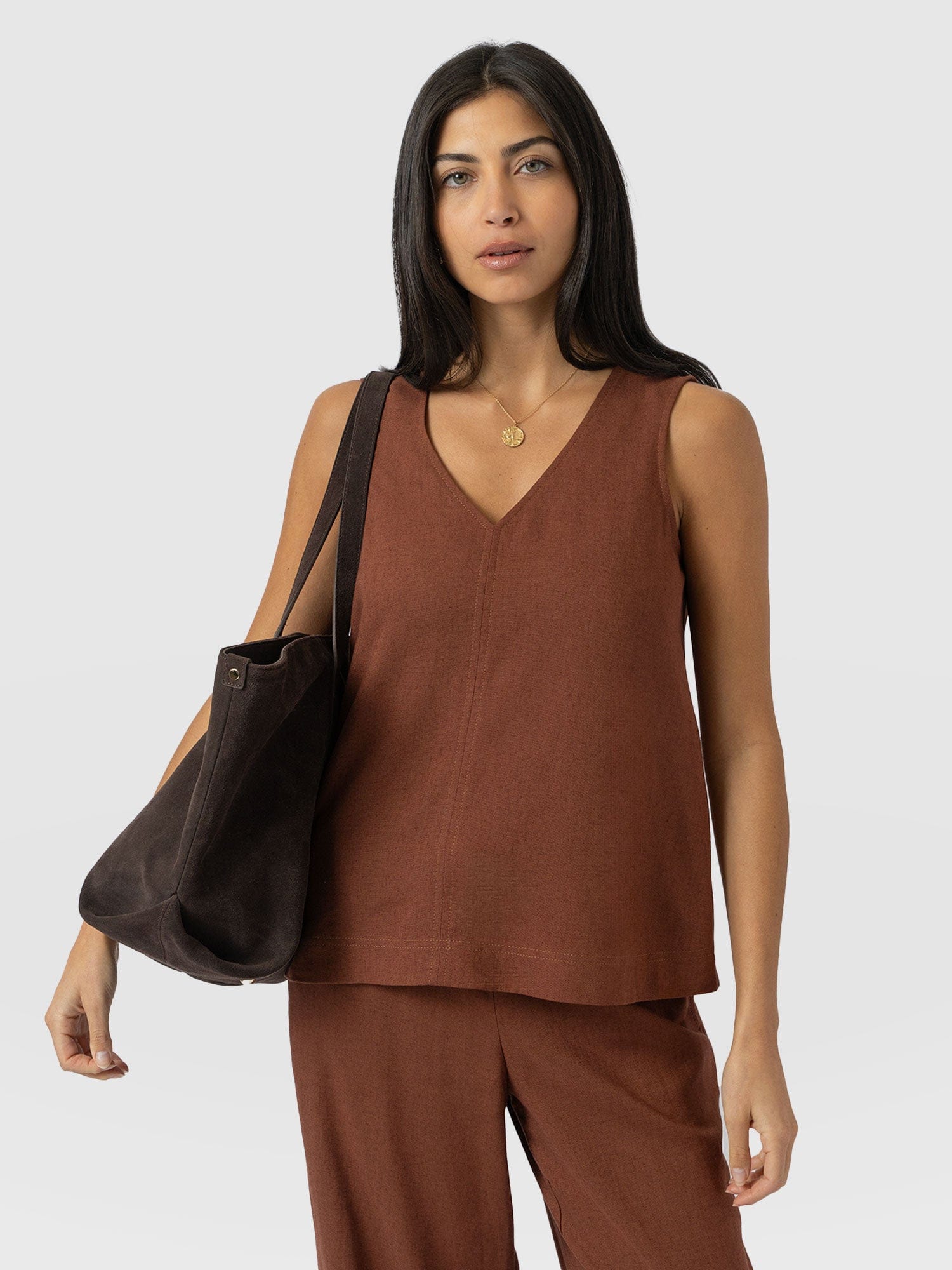 Corinne Linen V Neck Tunic - Russet Brown - Women's Tops | Saint + Sofia® USA