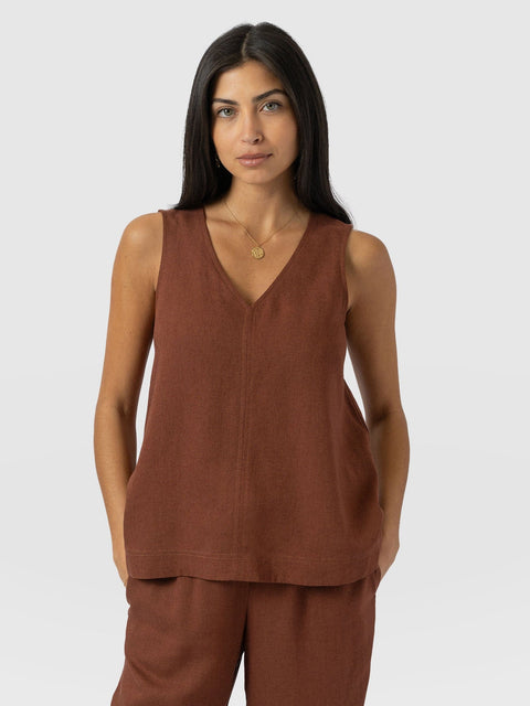 Corinne Linen V Neck Tunic - Russet Brown - Women's Tops | Saint + Sofia® USA
