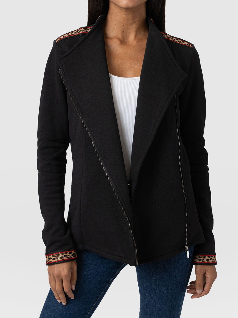 Cotton Biker Jacket Black Leopard - Women's Jackets | Saint + Sofia® USA