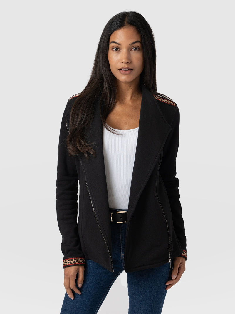 Cotton Biker Jacket Black Leopard - Women's Jackets | Saint + Sofia® USA