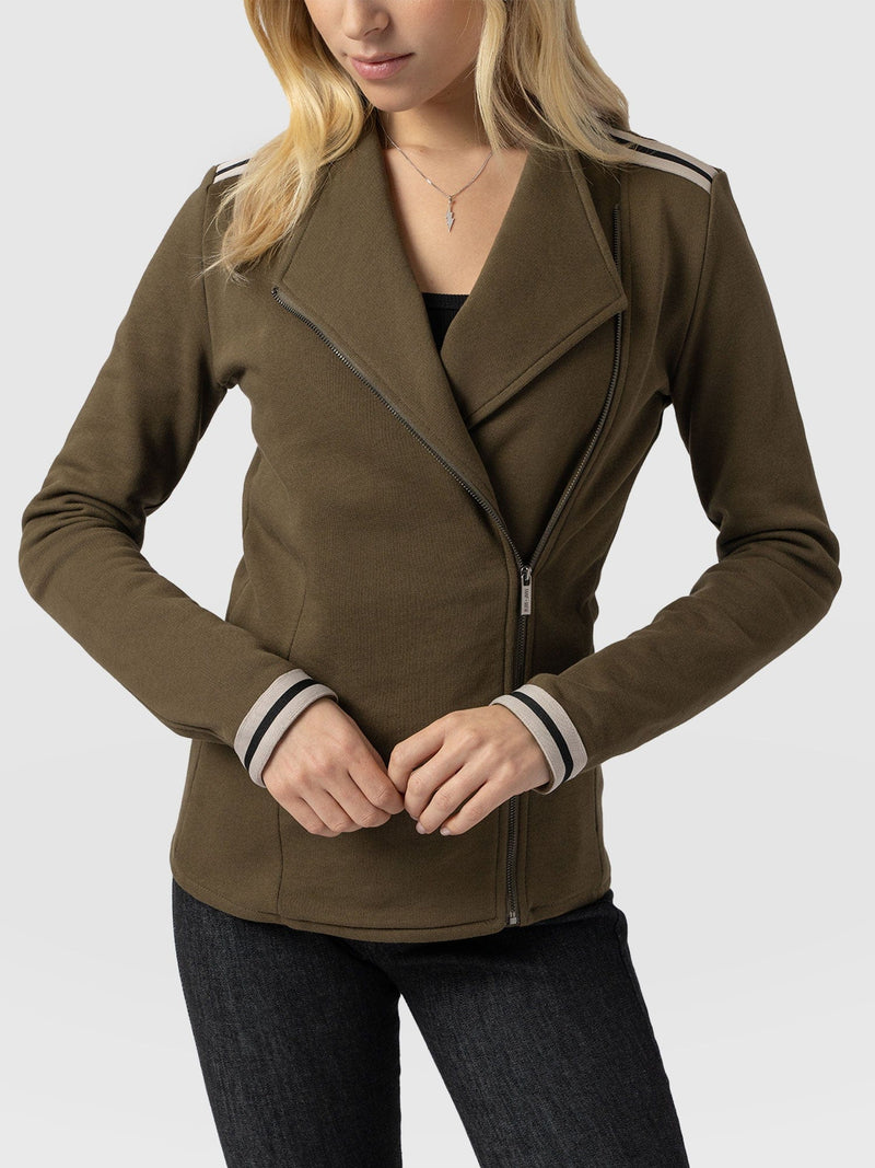 Cotton Biker Jacket - Khaki - Cream Stripe - Women's Jackets | Saint + Sofia® US