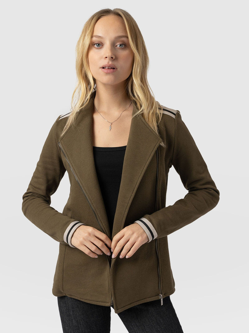 Cotton Biker Jacket - Khaki - Cream Stripe - Women's Jackets | Saint + Sofia® US