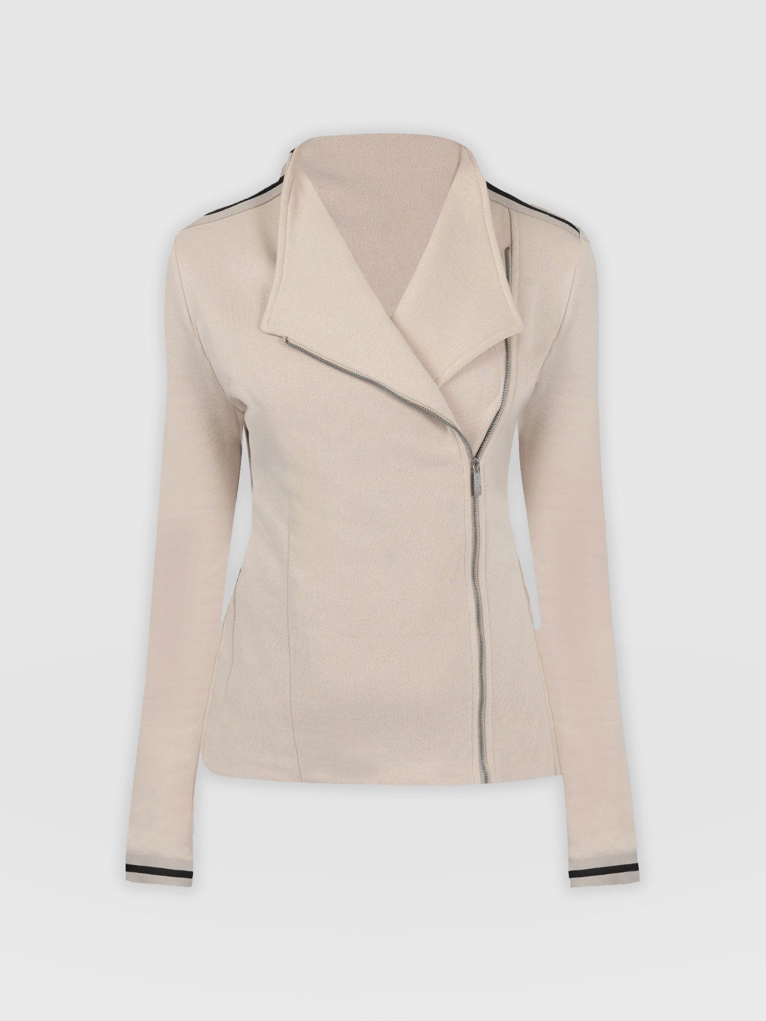 Cotton Biker Jacket - Light Beige - Black/Cream Stripe - Women's Jackets | Saint and Sofia® USA