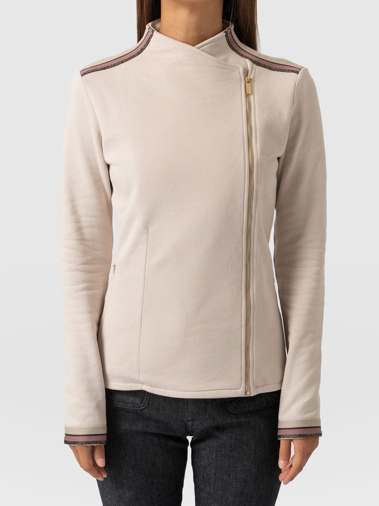 Cotton Biker Jacket Light Beige with Gold Lurex Tape - Women's Jackets | Saint + Sofia® USA