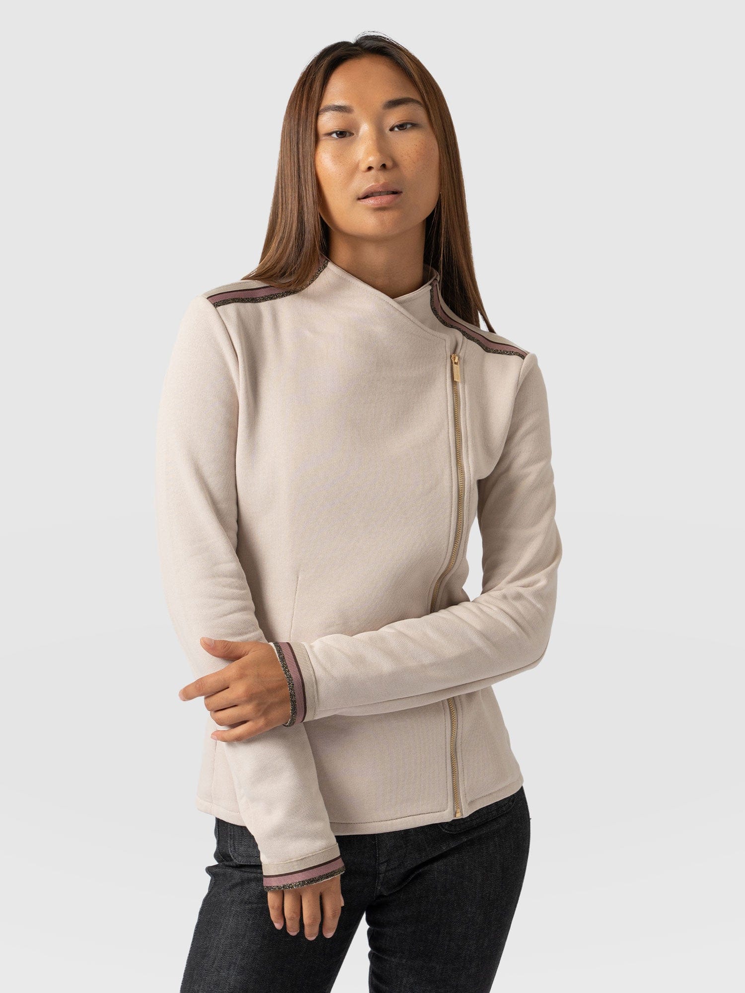 Cotton Biker Jacket Light Beige with Gold Lurex Tape - Women's Jackets | Saint + Sofia® USA