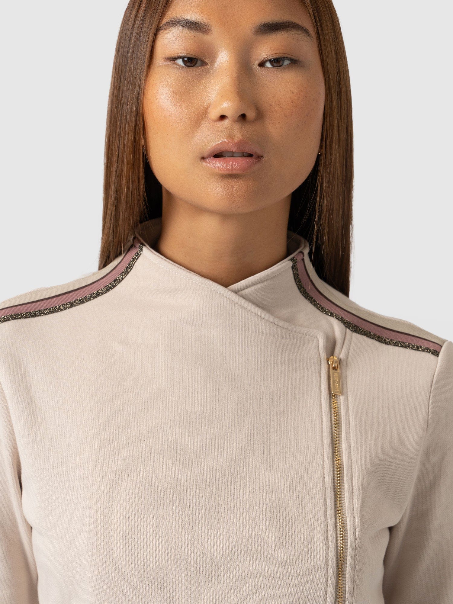 Cotton Biker Jacket Light Beige with Gold Lurex Tape - Women's Jackets | Saint + Sofia® USA