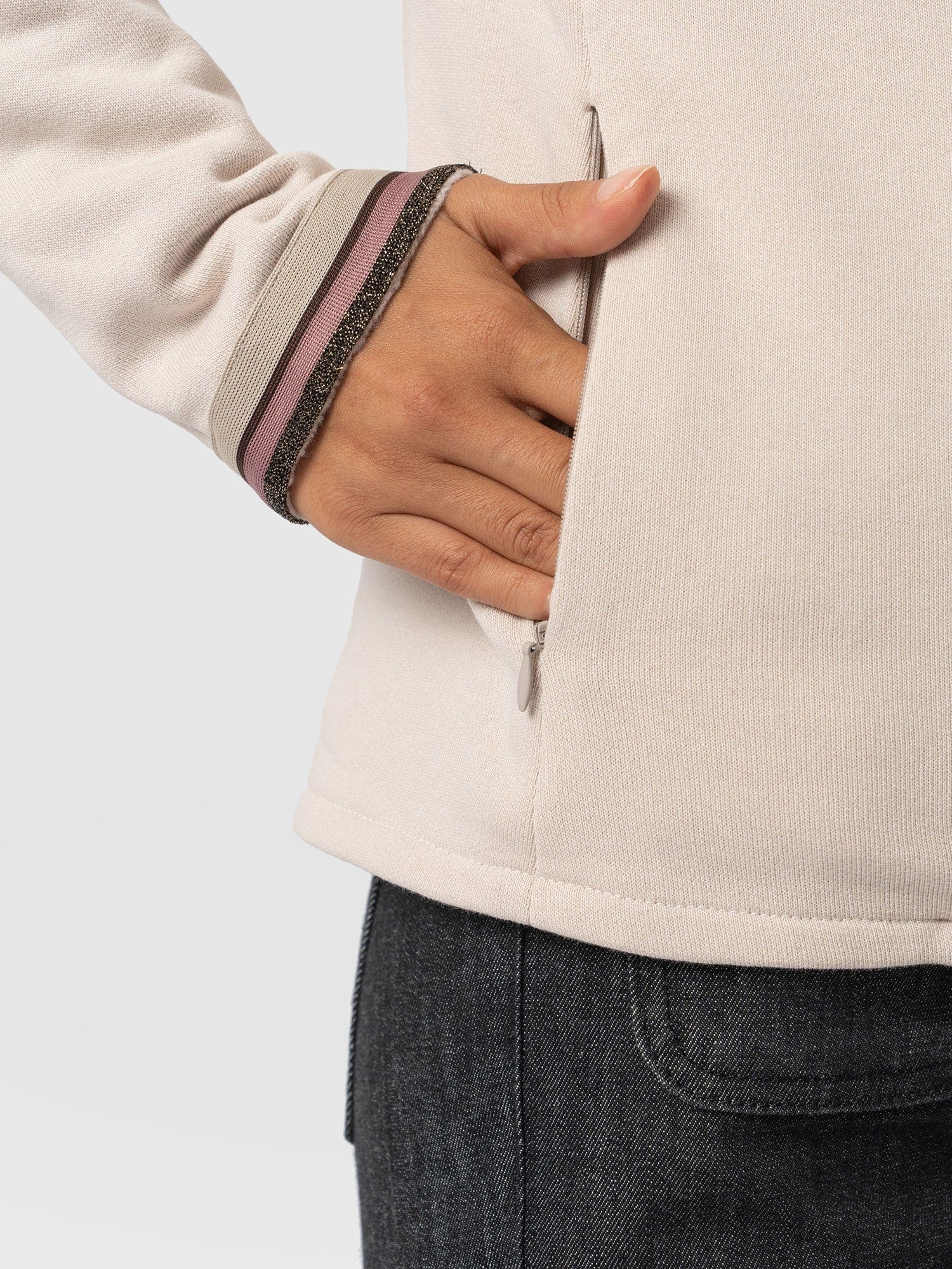 Cotton Biker Jacket Light Beige with Gold Lurex Tape - Women's Jackets | Saint + Sofia® USA