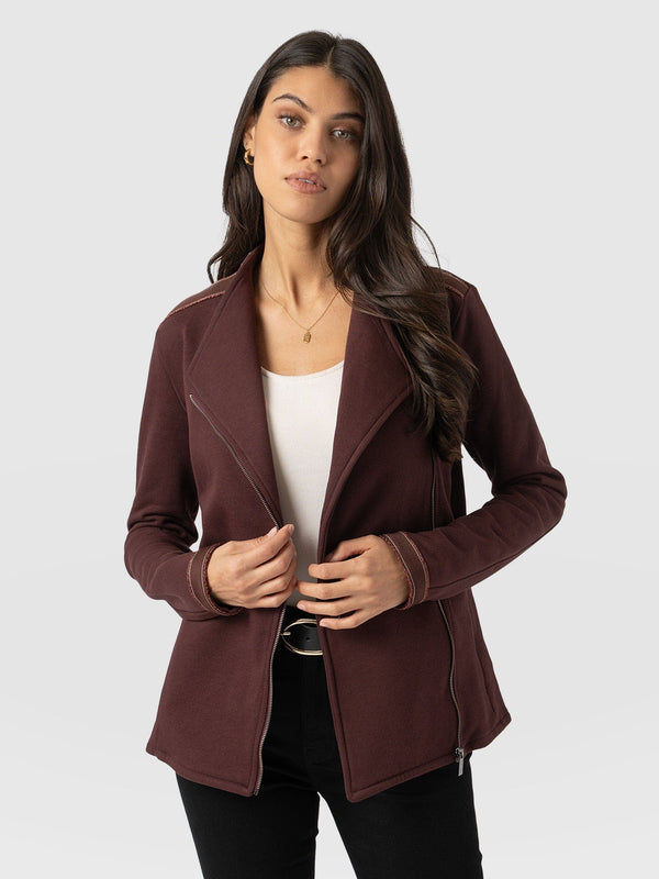 Cotton Biker Jacket - Maroon - Bronze Stripe - Women's Jackets | Saint + Sofia® US