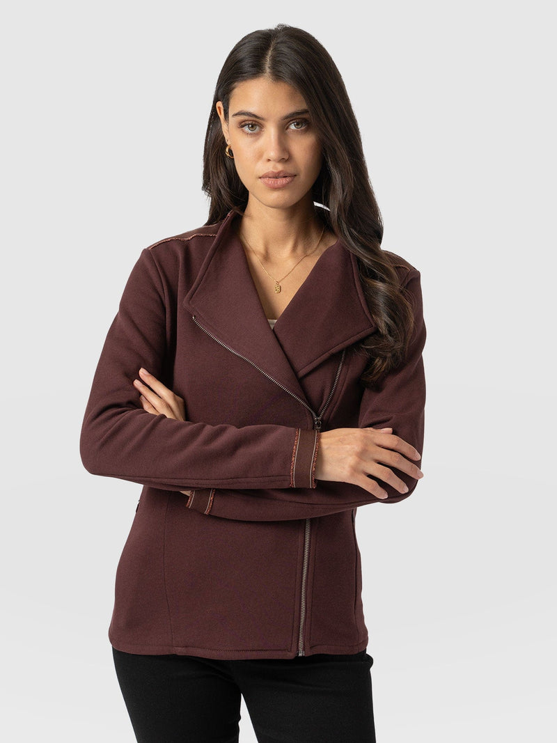 Cotton Biker Jacket - Maroon - Bronze Stripe - Women's Jackets | Saint + Sofia® US