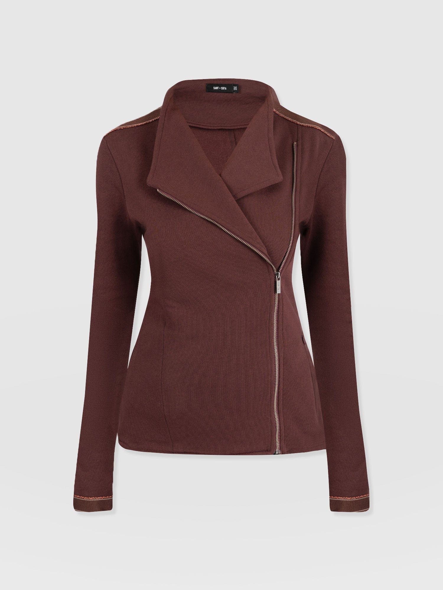 Cotton Biker Jacket - Maroon - Bronze Stripe - Women's Jackets | Saint + Sofia® US