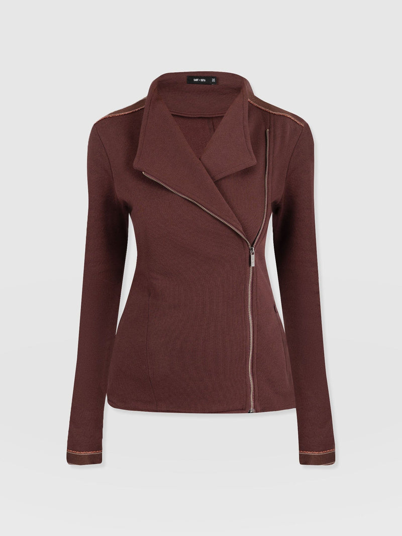 Cotton Biker Jacket - Maroon - Bronze Stripe - Women's Jackets | Saint + Sofia® US