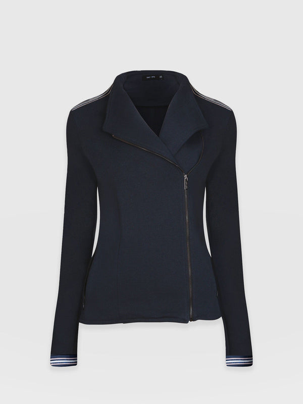 Cotton Biker Jacket Navy Pink Stripe - Women's Jackets | Saint + Sofia® USAA